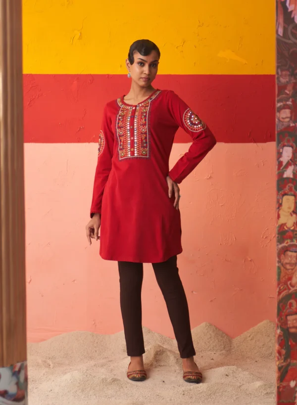 Navy Blue Embroidered Woollen Kurti for Women with Mirror Work - Image 4