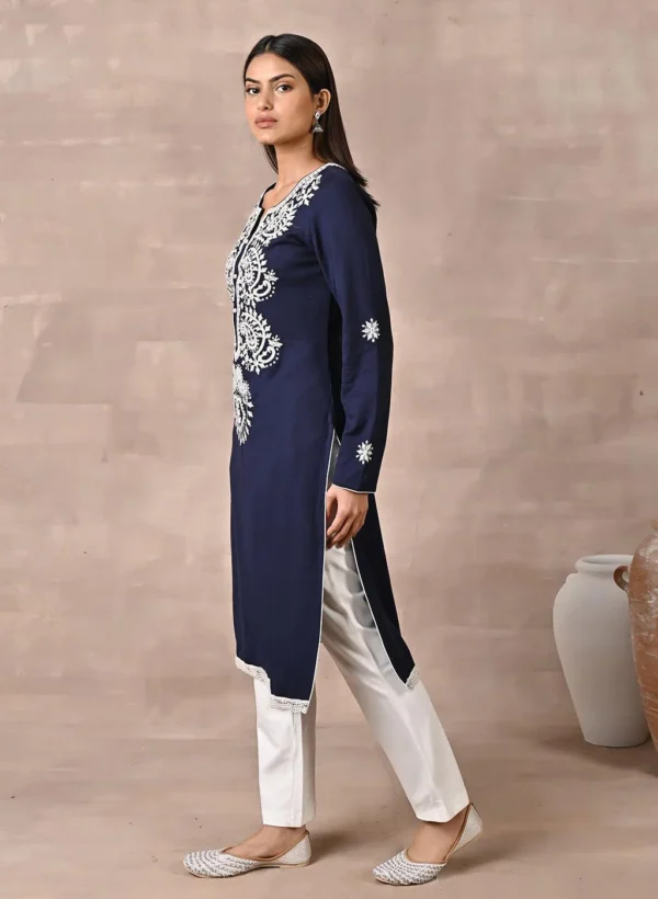 Navy Blue Woolen Kurta with Fine Embroidery - Image 3