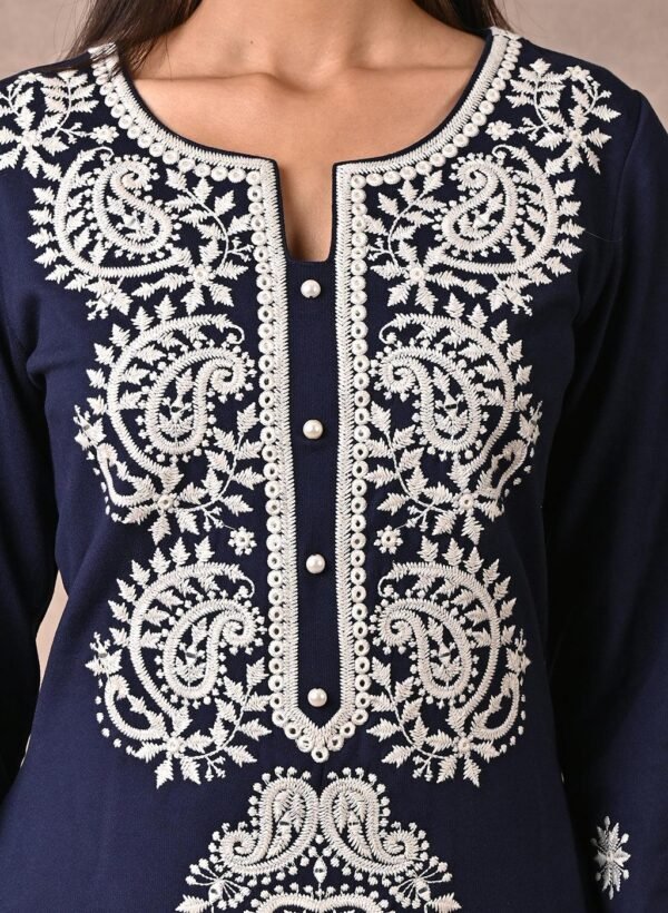 Navy Blue Woolen Kurta with Fine Embroidery - Image 2