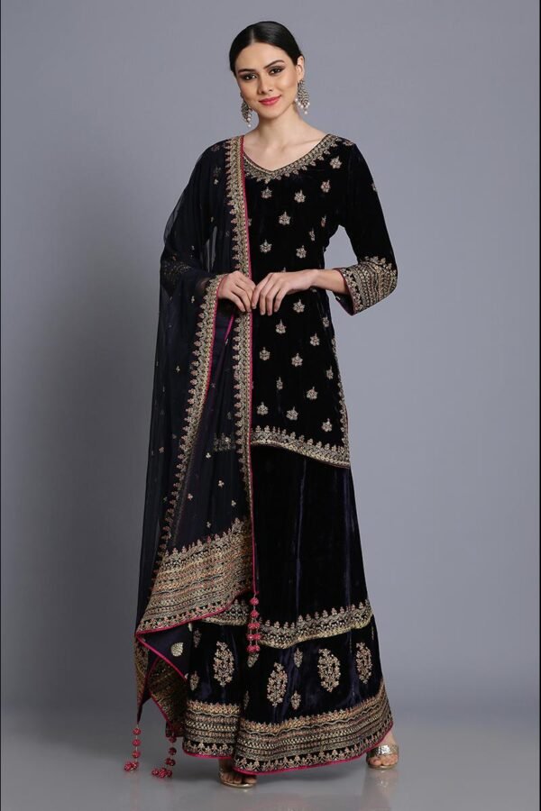 Silk velvet short tunic with sharara and odhni