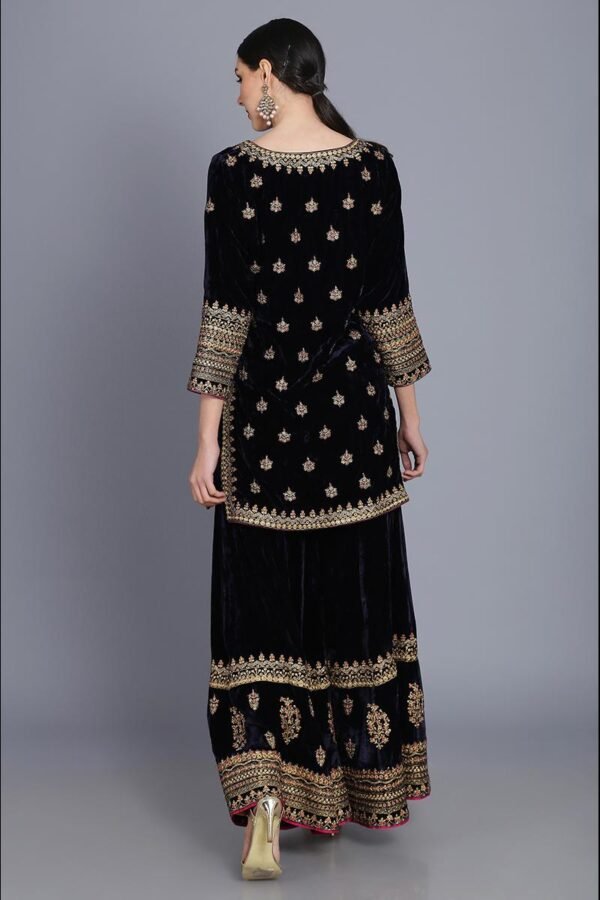 Silk velvet short tunic with sharara and odhni - Image 3