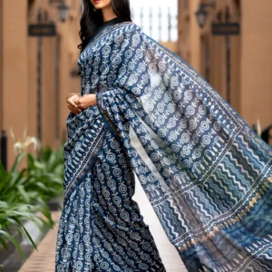 Dabu Indigo Handblock Printed Chanderi Saree