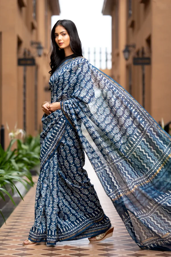 Dabu Indigo Handblock Printed Chanderi Saree