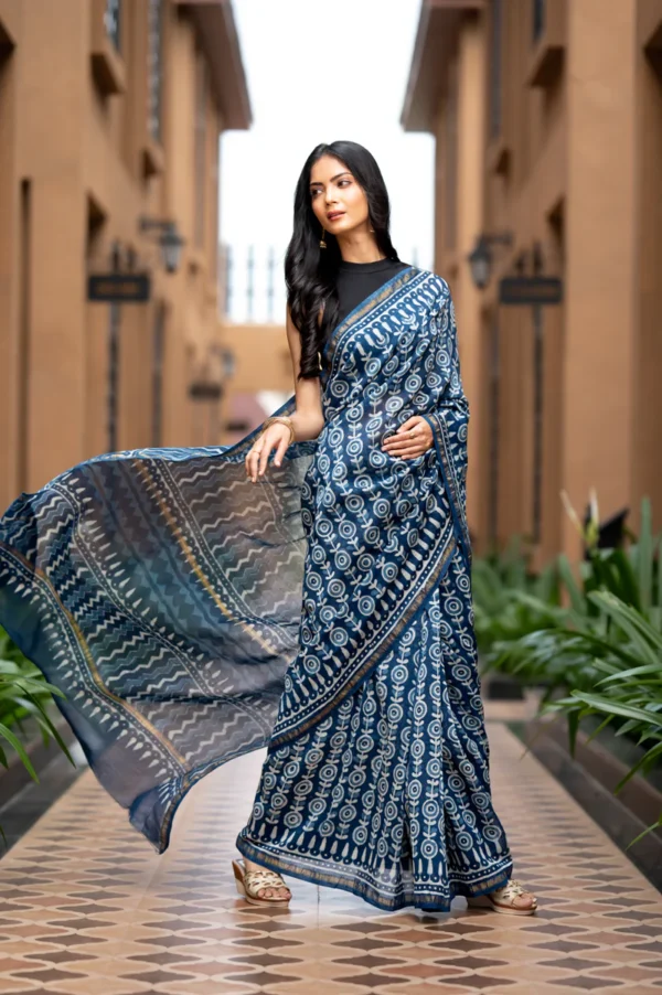 Dabu Indigo Handblock Printed Chanderi Saree - Image 2