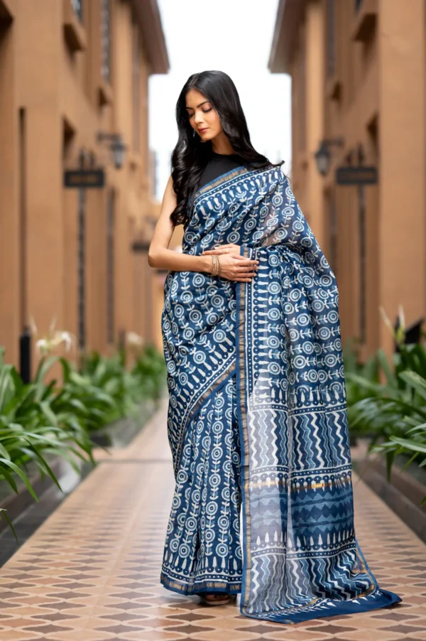 Dabu Indigo Handblock Printed Chanderi Saree - Image 4