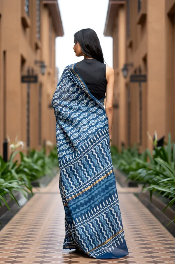Dabu Indigo Handblock Printed Chanderi Saree - Image 3