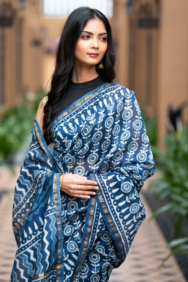 Dabu Indigo Handblock Printed Chanderi Saree - Image 5