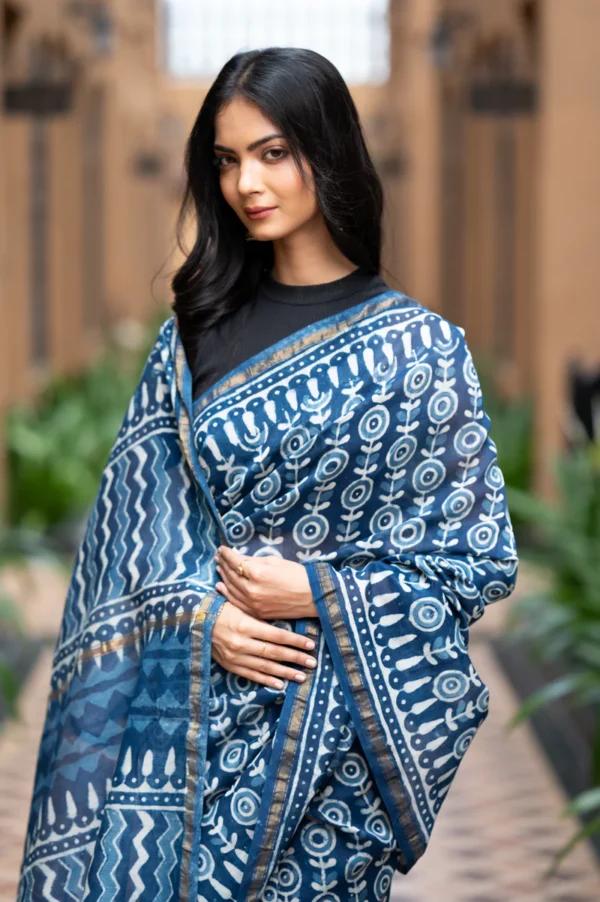 Dabu Indigo Handblock Printed Chanderi Saree - Image 6