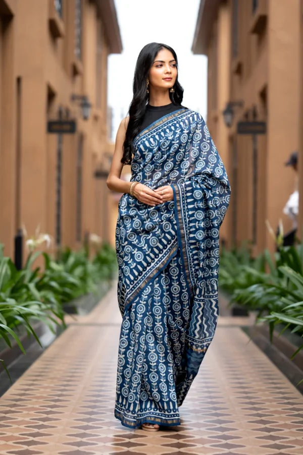 Dabu Indigo Handblock Printed Chanderi Saree - Image 7
