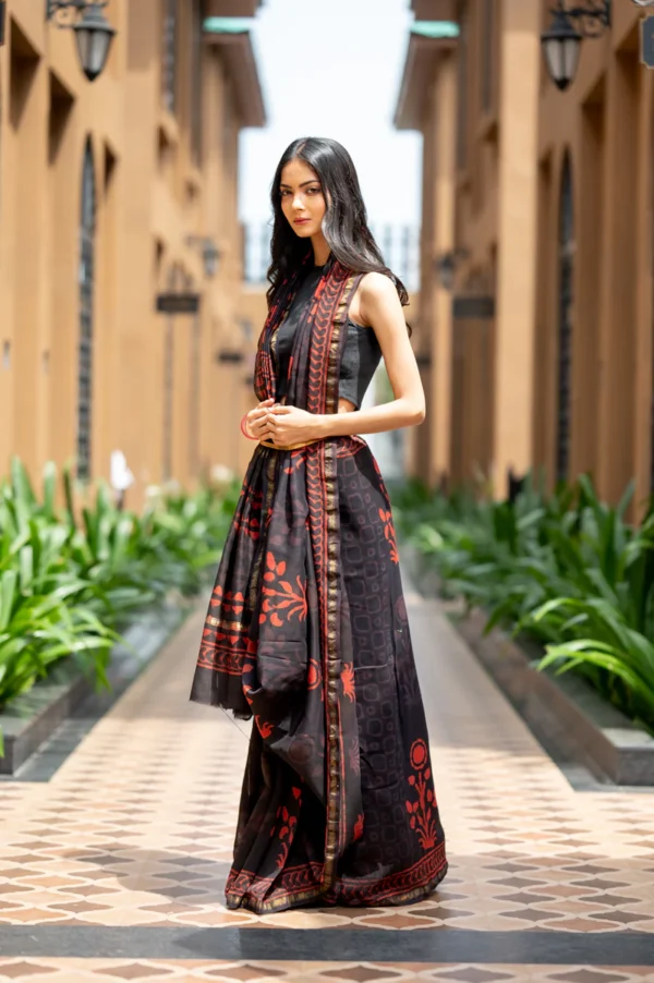 Hand Block Printed Red Black Chanderi Saree - Image 2