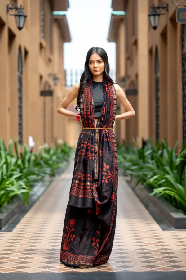 Hand Block Printed Red Black Chanderi Saree - Image 3
