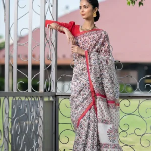 Peach-Blue Jaali Printed Chanderi Saree
