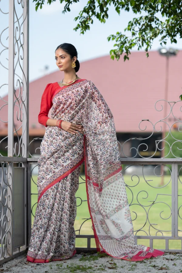 Peach-Blue Jaali Printed Chanderi Saree - Image 2