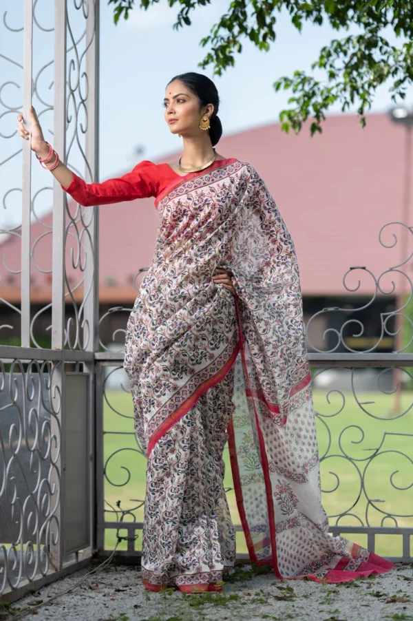 Peach-Blue Jaali Printed Chanderi Saree - Image 3
