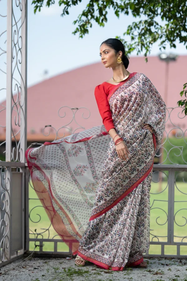 Peach-Blue Jaali Printed Chanderi Saree - Image 4
