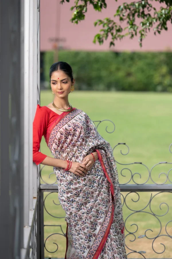 Peach-Blue Jaali Printed Chanderi Saree - Image 5