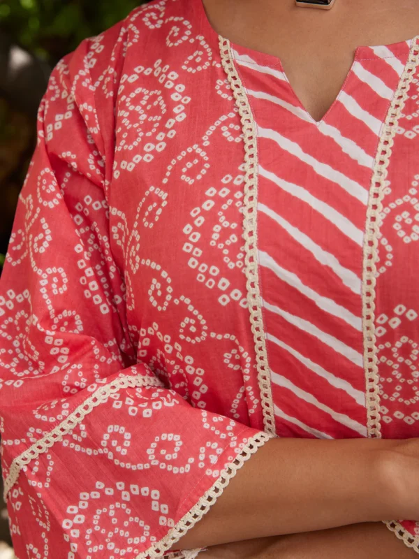 Cotton Women's Peach-White Bandhani Long kurti - Image 2