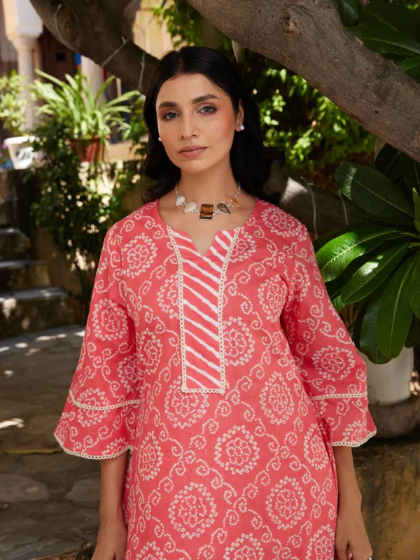 Cotton Women's Peach-White Bandhani Long kurti - Image 3