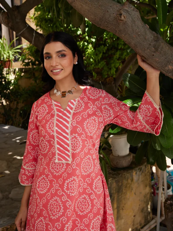 Cotton Women's Peach-White Bandhani Long kurti - Image 4
