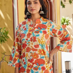 Cotton Women's Red Orange Floral Long Kurti