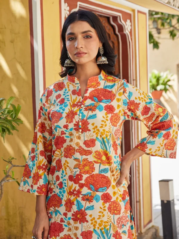 Cotton Women's Red Orange Floral Long Kurti