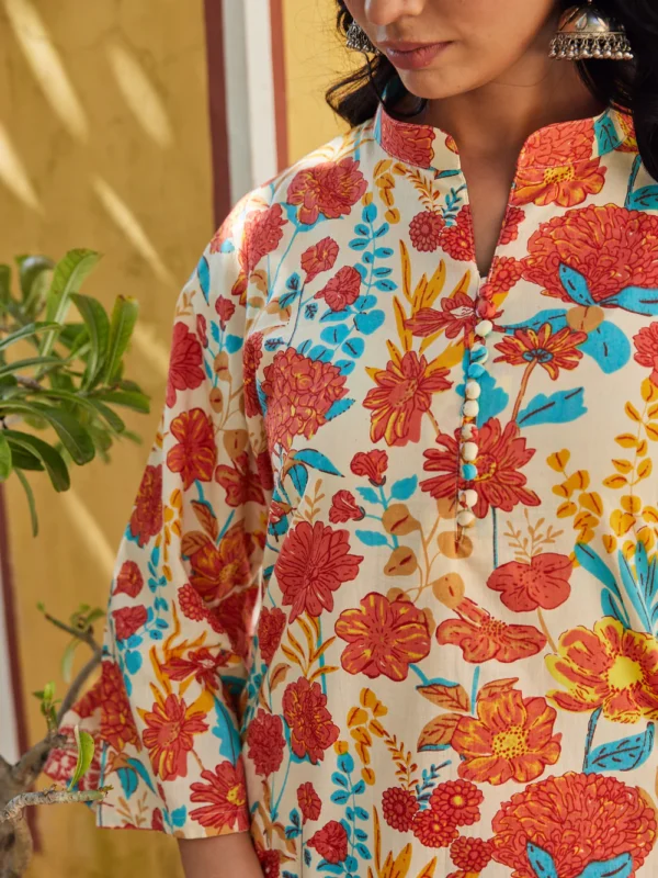 Cotton Women's Red Orange Floral Long Kurti - Image 2