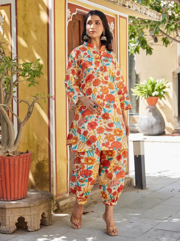Cotton Women's Red Orange Floral Long Kurti - Image 3