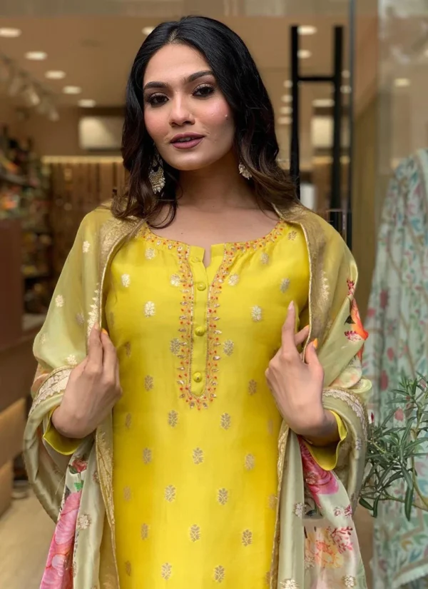 Straight Pant Suit For Women in Yellow Embroidered Jacquard Print Dupatta Party Wear - Image 2