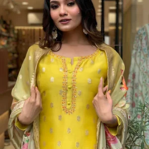 Straight Pant Suit For Women in Yellow Embroidered Jacquard Print Dupatta Party Wear