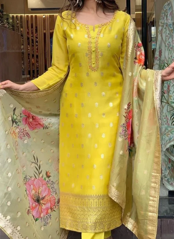 Straight Pant Suit For Women in Yellow Embroidered Jacquard Print Dupatta Party Wear - Image 3