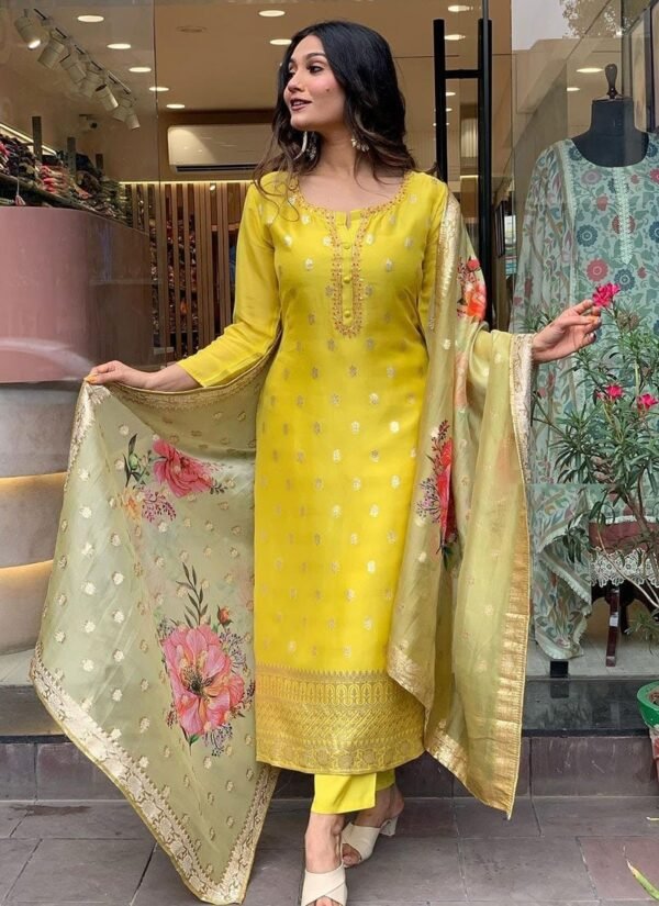 Straight Pant Suit For Women in Yellow Embroidered Jacquard Print Dupatta Party Wear - Image 4